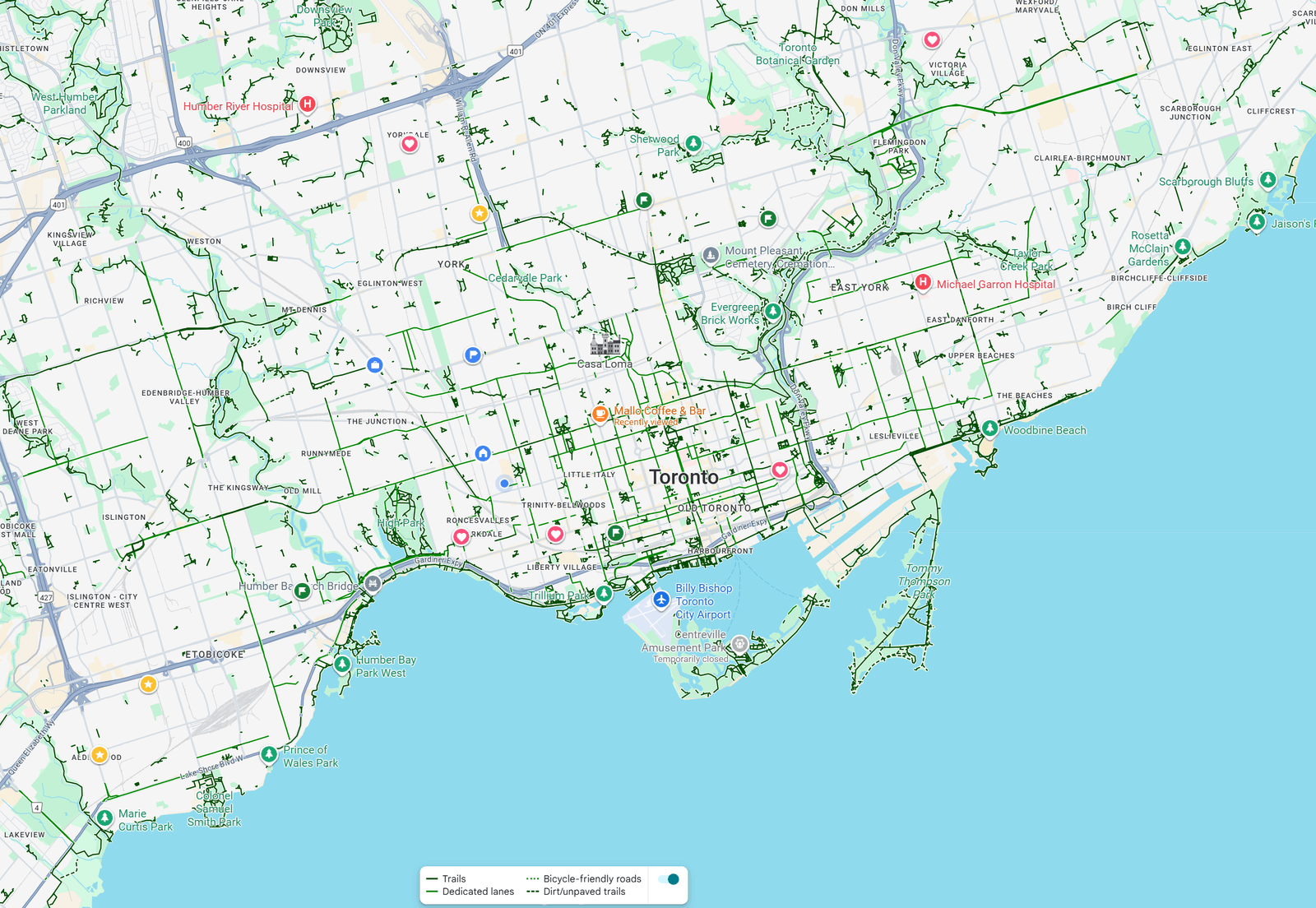 Google Maps with its cycling layer switched on, across Toronto